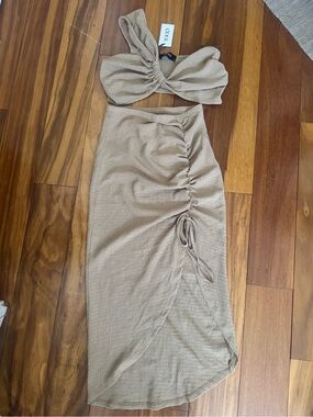 CIDER Beige Ruched Side-Tie Midi Skirt & Crop Top Set